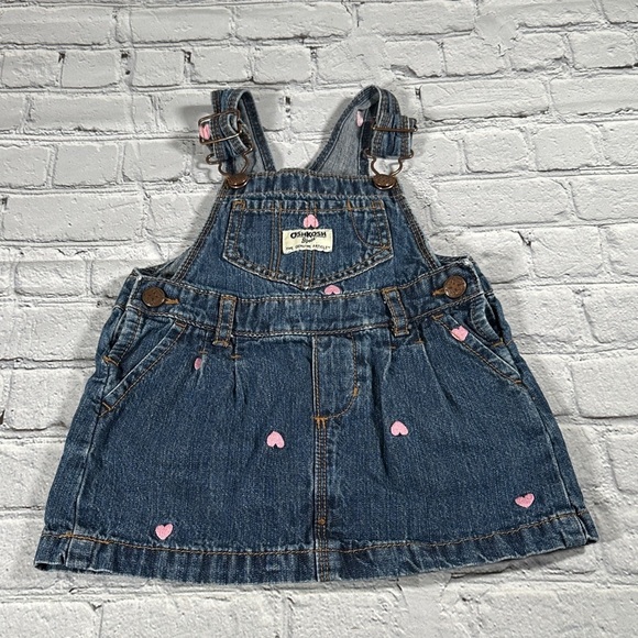 OshKosh B'gosh Other - OshKosh B'gosh Blue Denim Jumper Overall Dress embroidered Pink Hearts size 18M